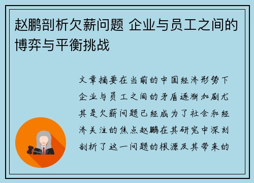赵鹏剖析欠薪问题 企业与员工之间的博弈与平衡挑战